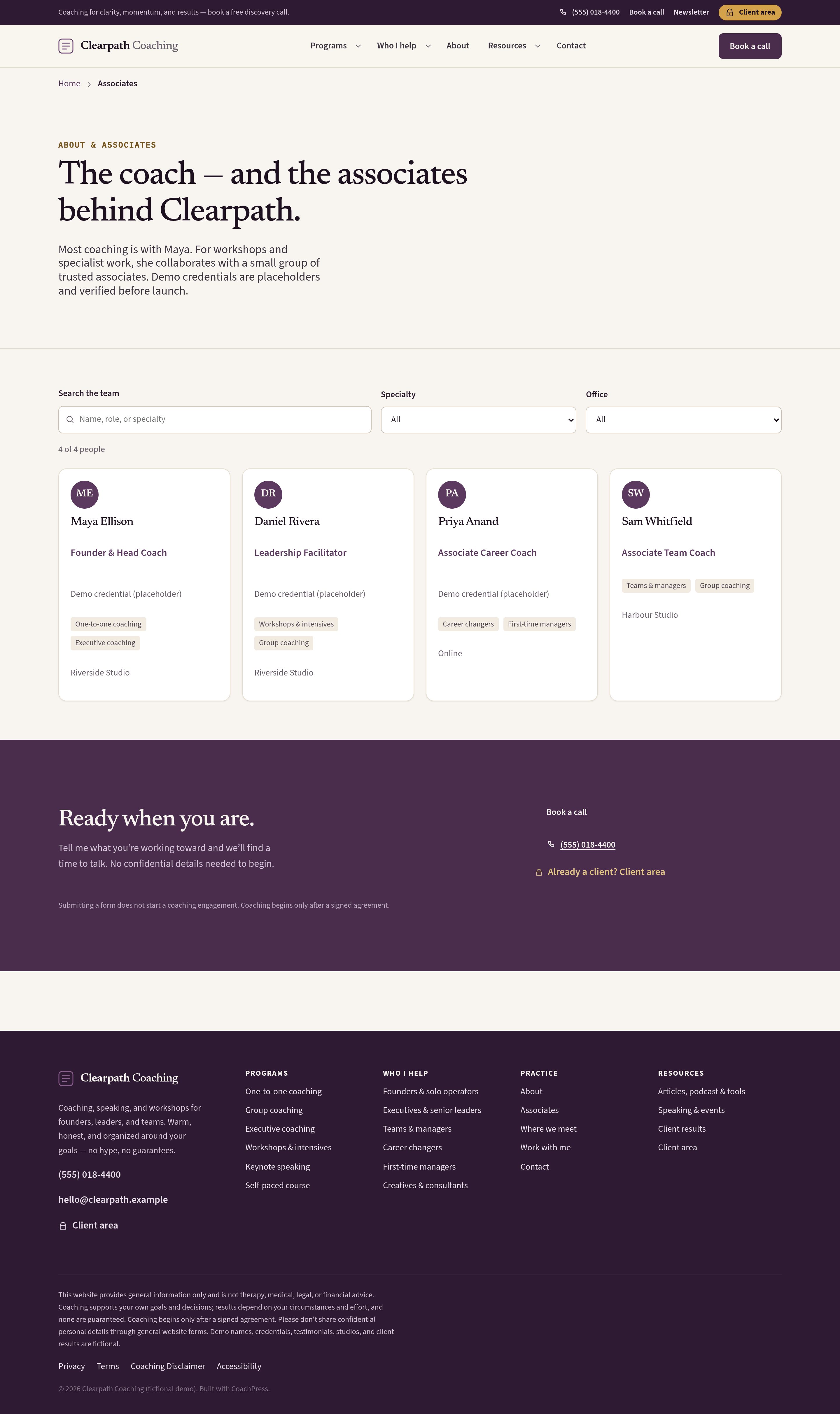 About — bio, credentials, associates