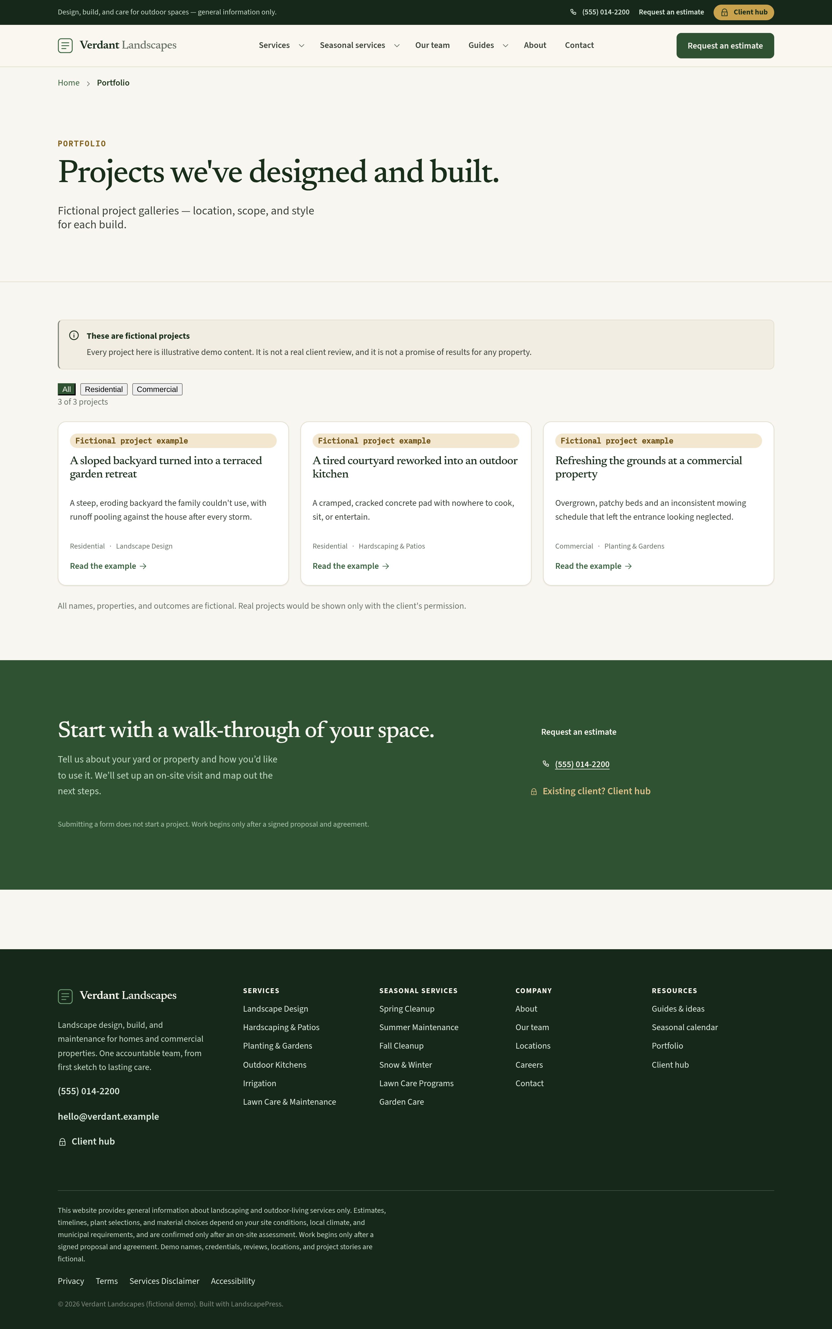 Portfolio — projects with location, scope, style