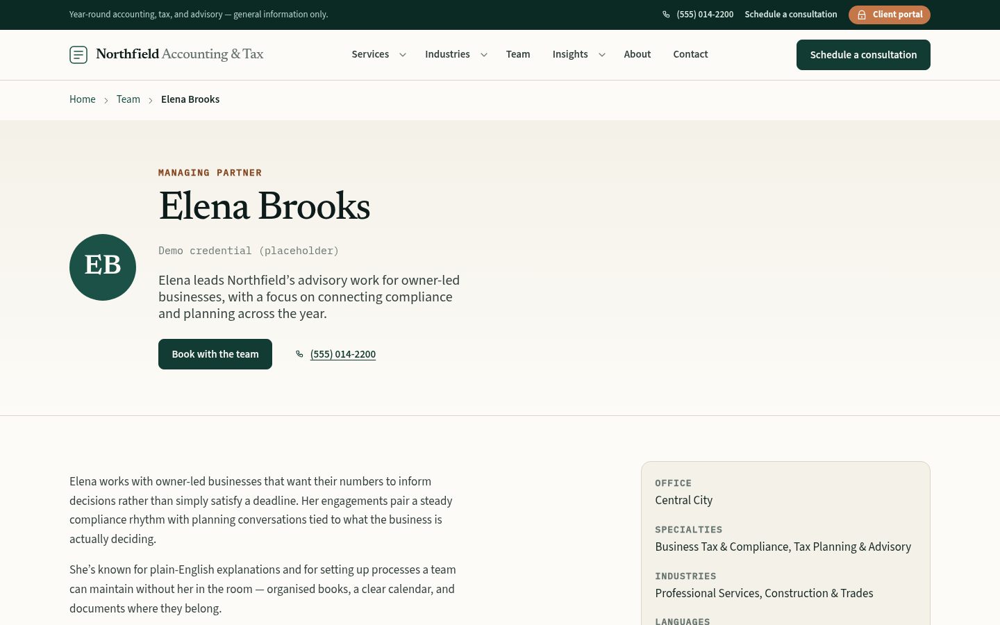 Team profile — bio, specialties, credentials