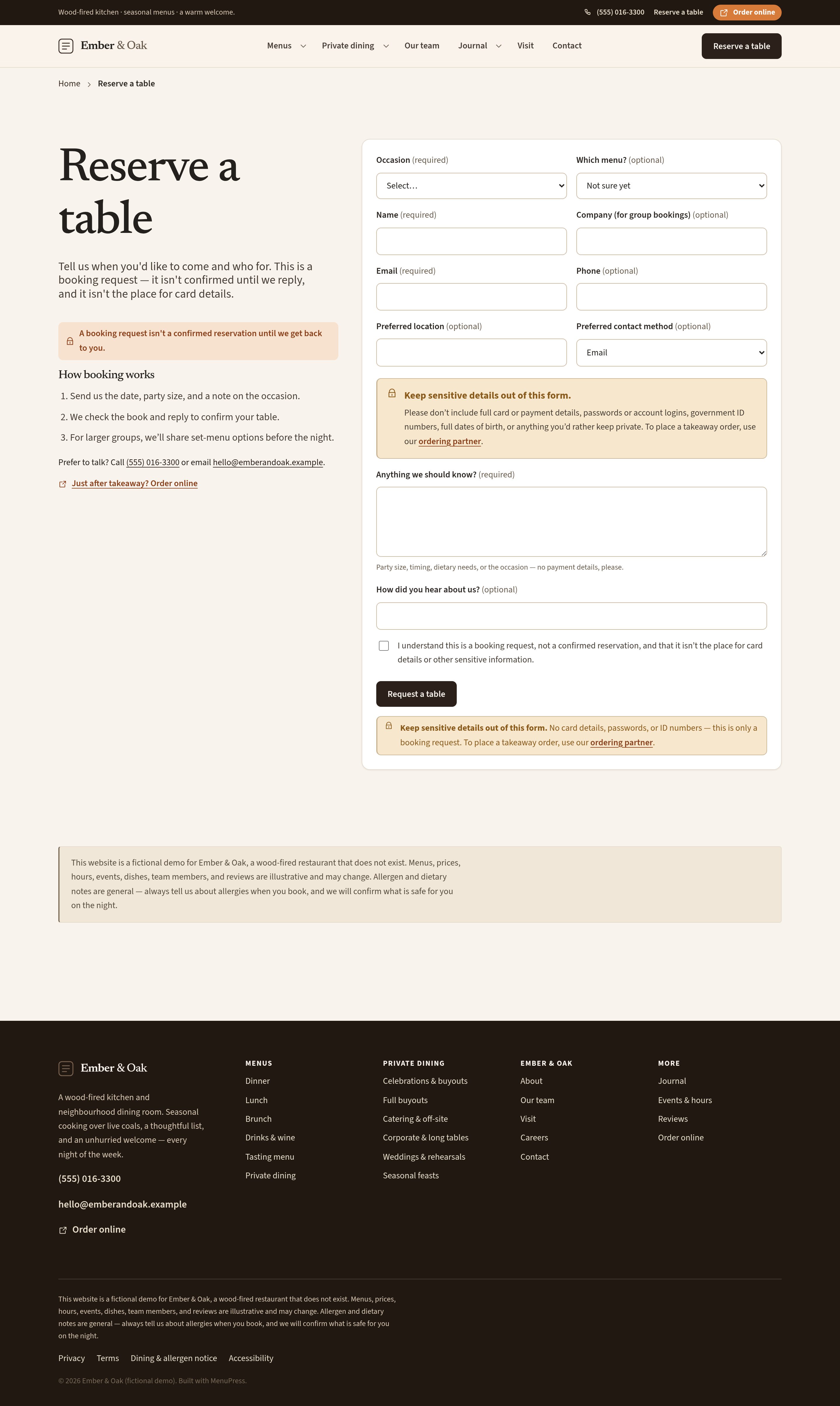 Reserve a table — native form with hours