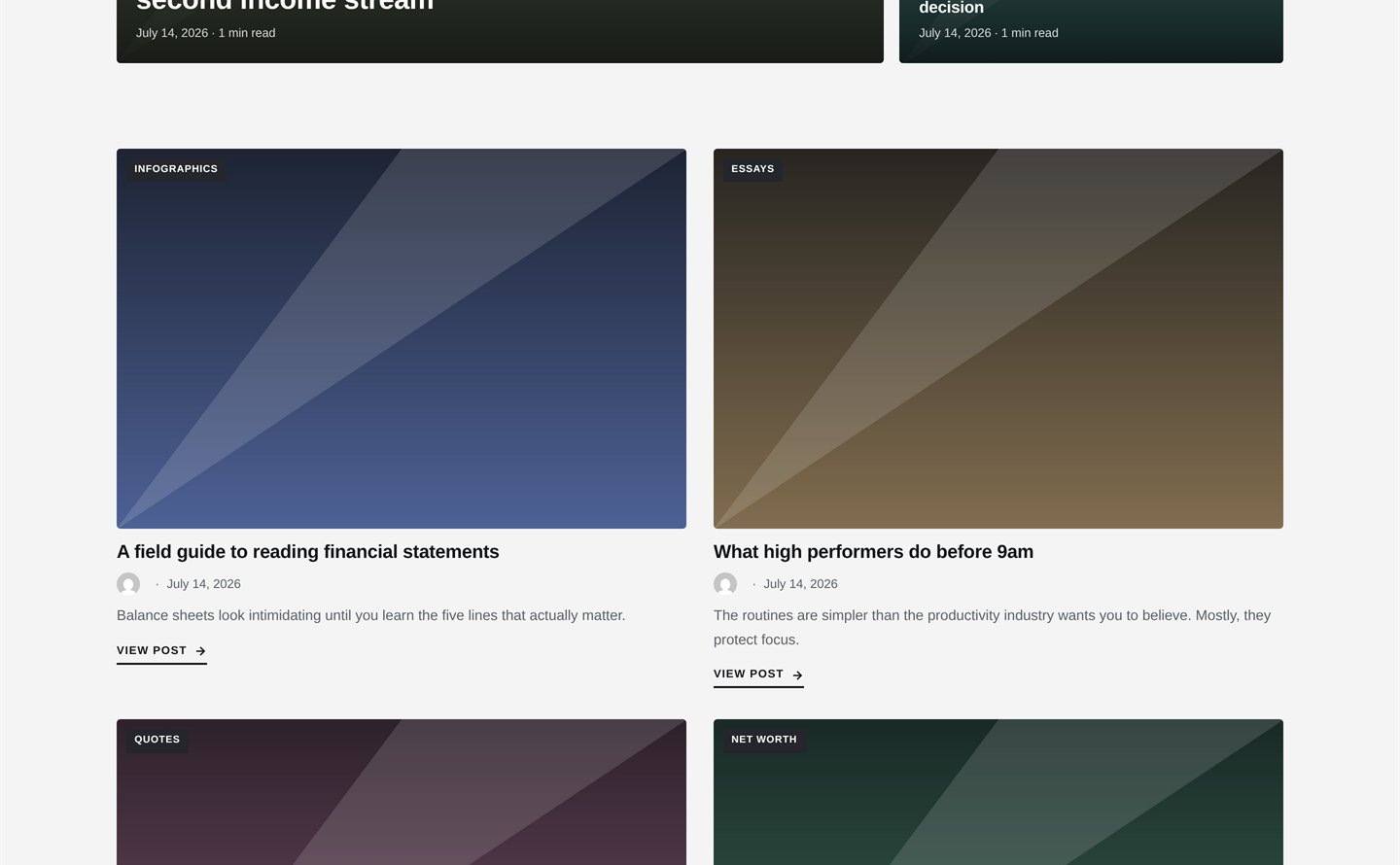 Post grid — category tags, bylines, and excerpts