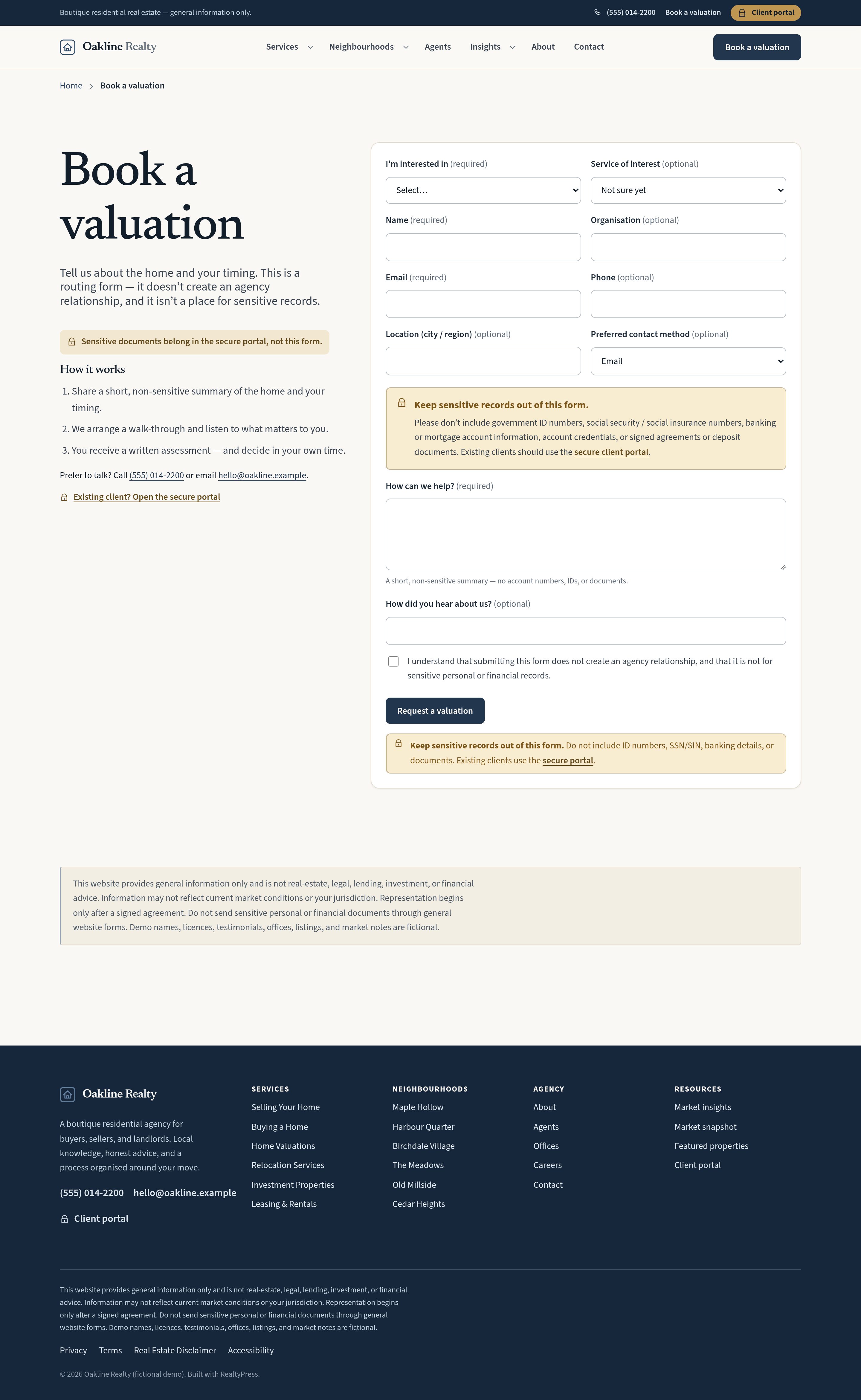 Book a valuation — native form with validation