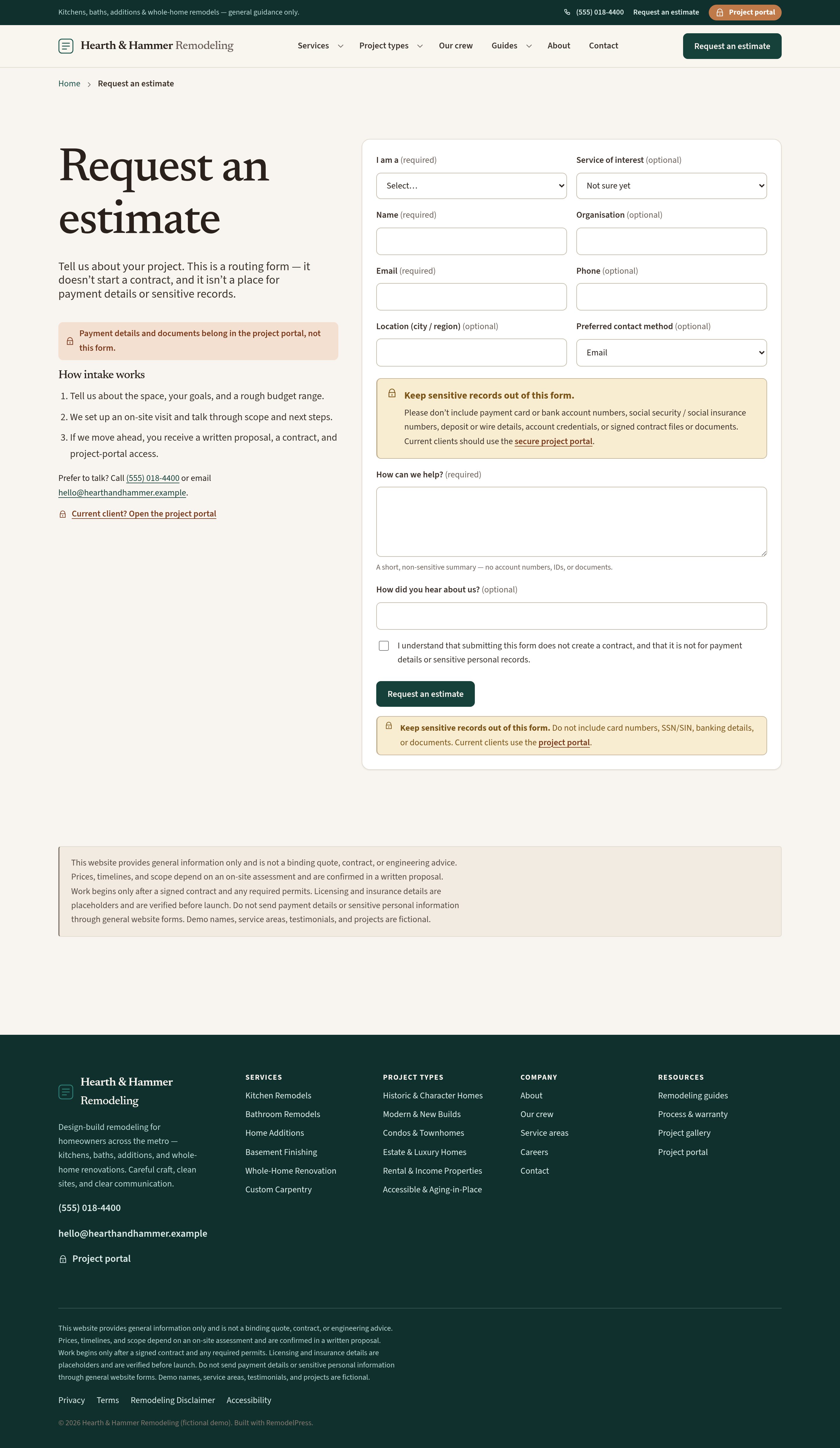 Request an estimate — native form with validation