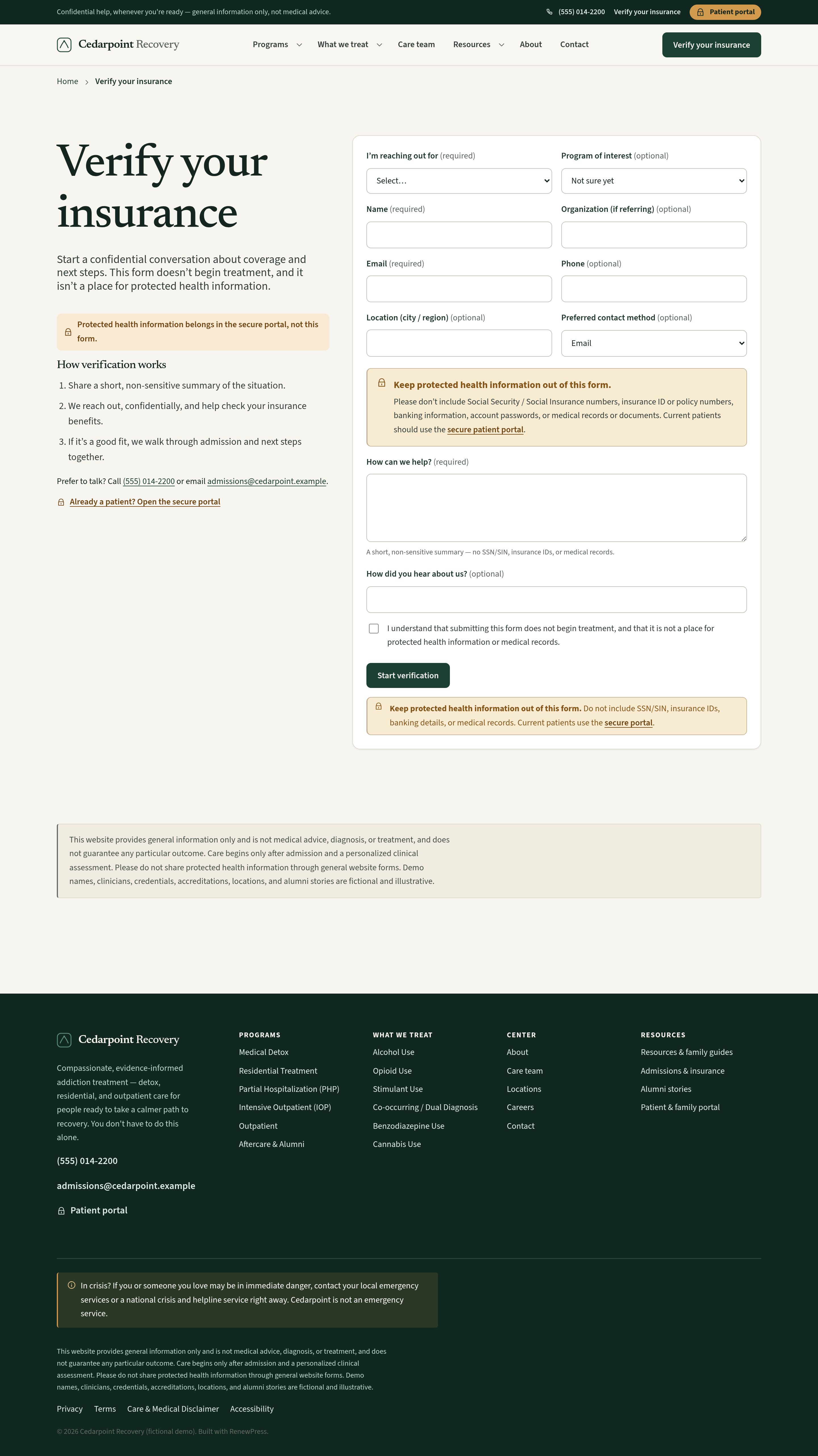 Verify insurance — native form, no coverage promise