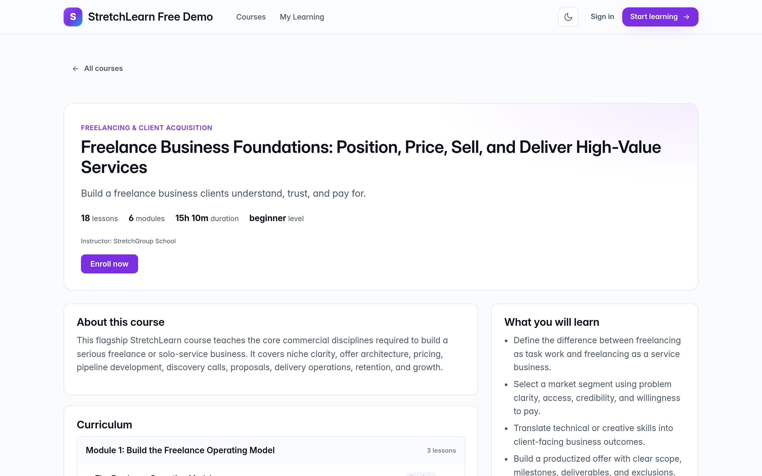 Course page — modules, lessons, and one-click enrollment