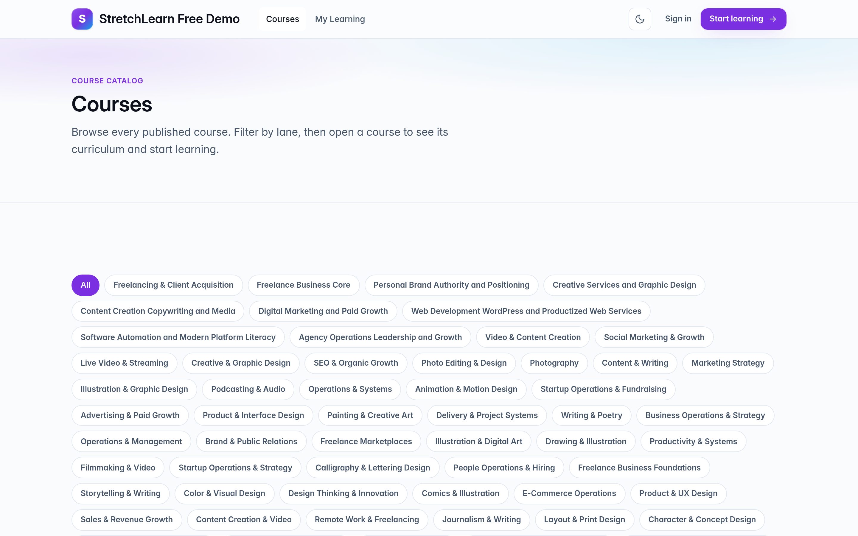 Course catalog — filter the hosted StretchLearn library by lane