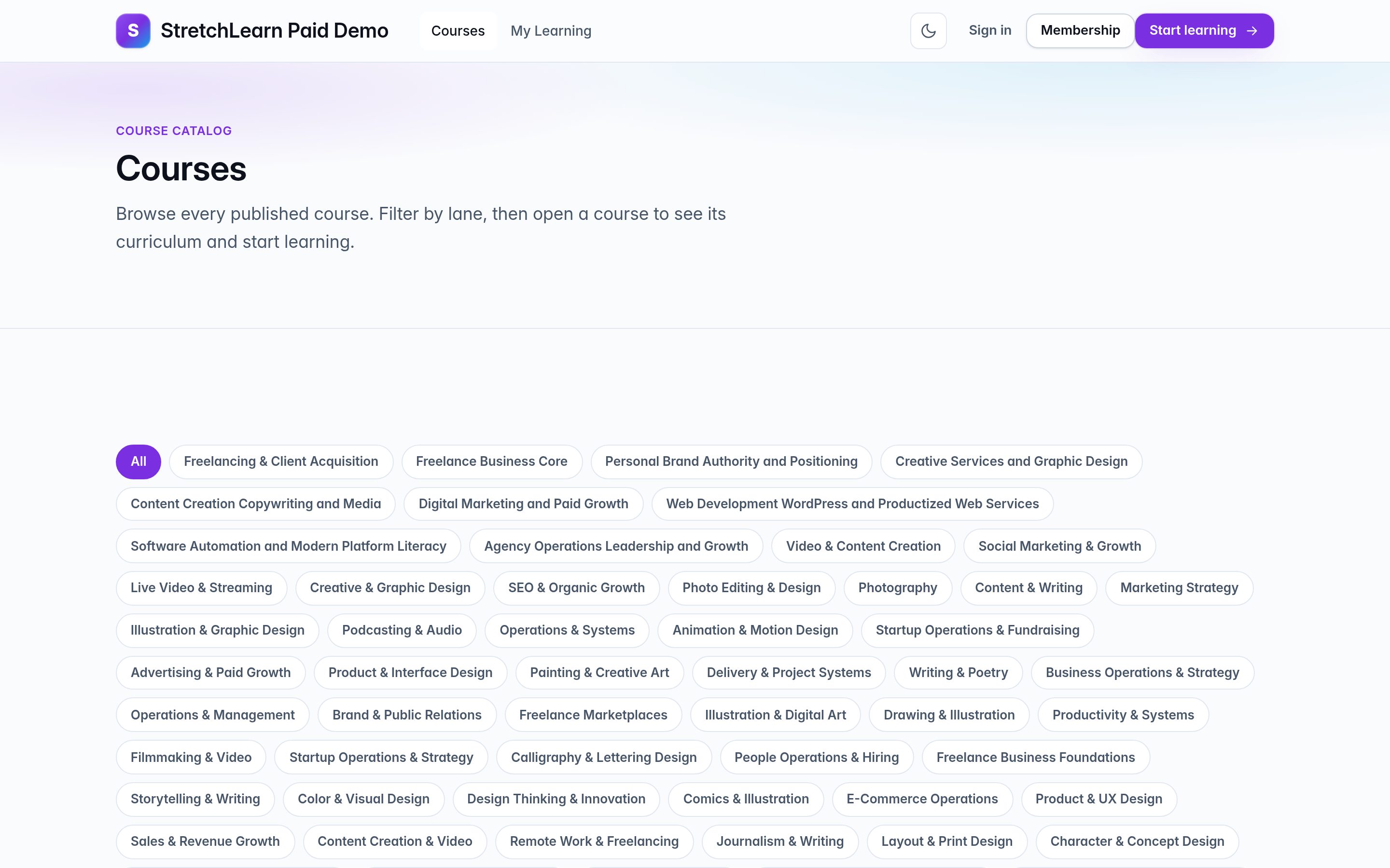 Course catalog — the full hosted library under your brand